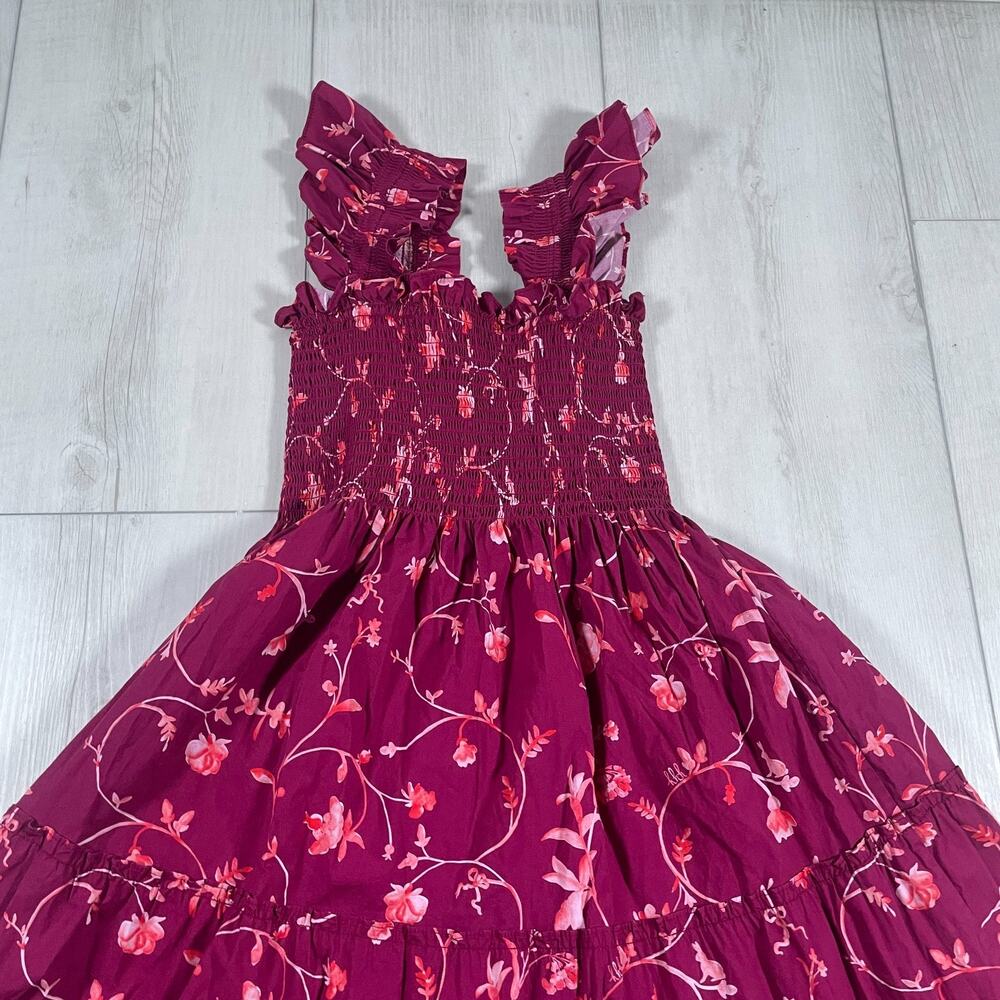 Hill House Home Women's XXS Ellie Nap Dress Midi Ruched Burgundy Floral Ruffle - Picture 6 of 11